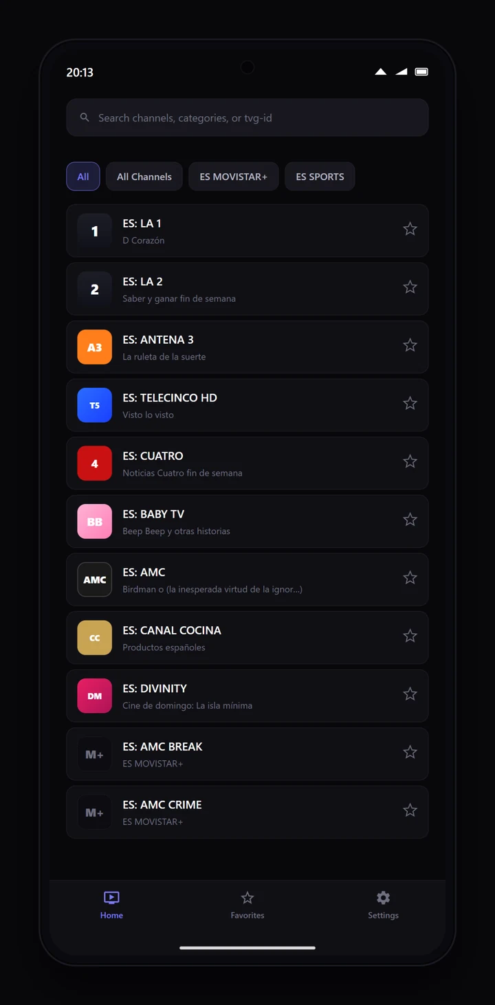 A phone home screen showing rows of channels, each annotated with the current programme.