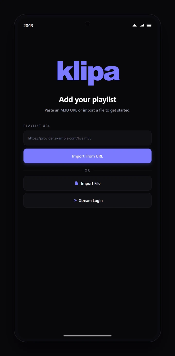 A phone screen prompting 'Add your playlist' with an input field for the M3U URL.