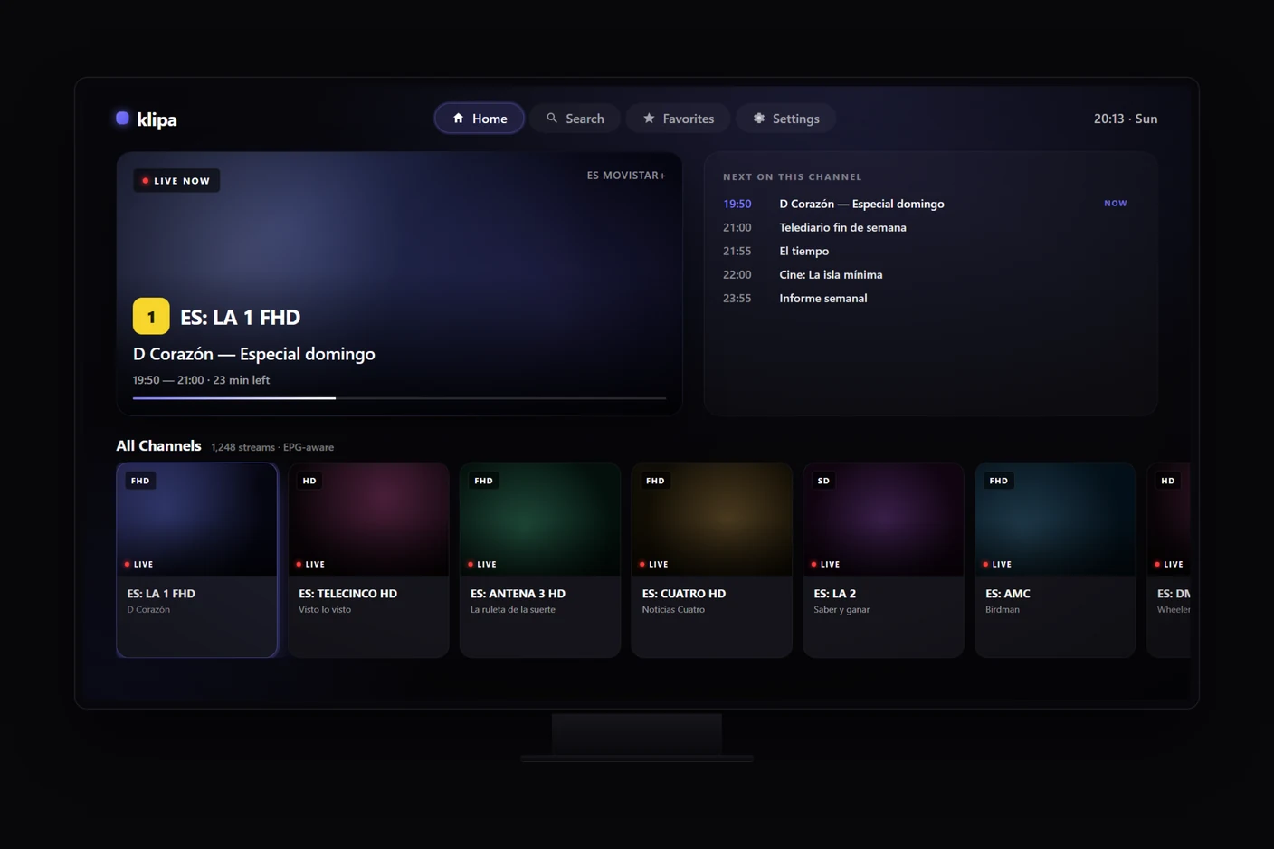 A TV screen showing an IPTV channel guide with a featured channel and side schedule.