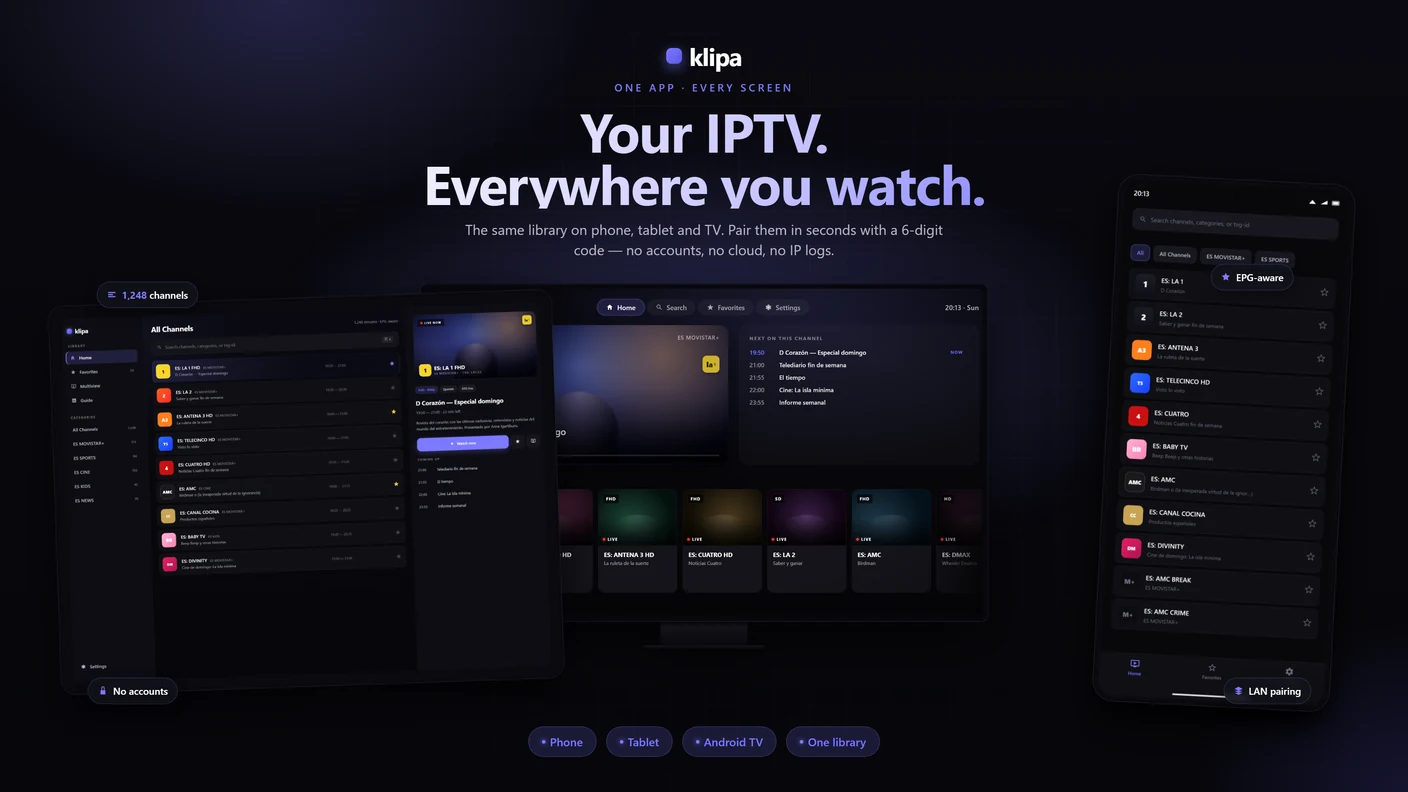 An IPTV player running on a TV, tablet, and phone, each showing the same channel grid.