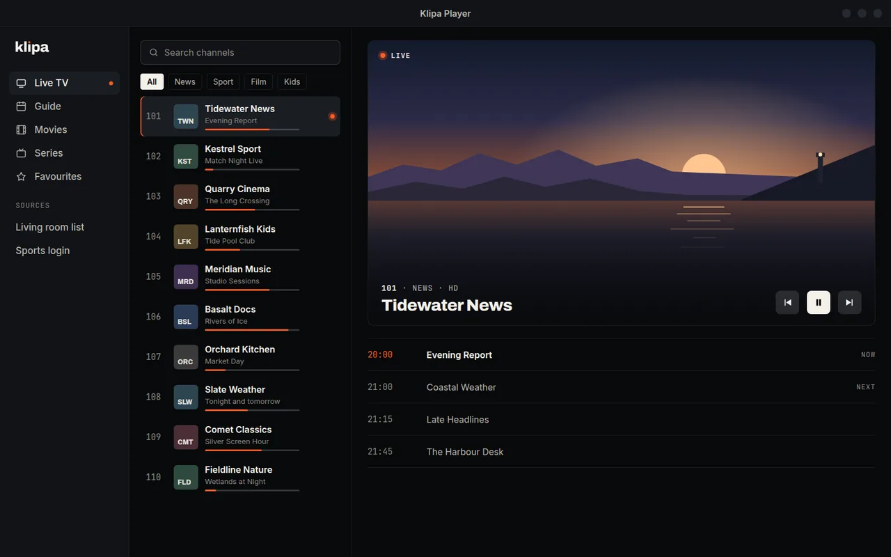 Klipa Player on a Linux desktop: the channel list, the playing channel and its programme guide.